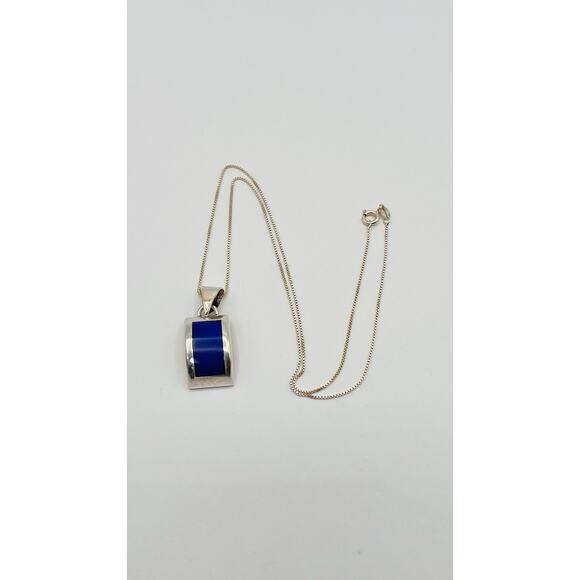 925 Silver Vintage Mexico Purple Inlaid Stone Curved Rectangle Pendant On Chain - Picture 1 of 8